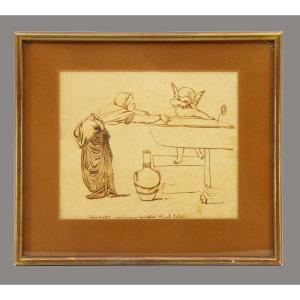 Paul Bellot, Pen Drawing - Young Woman At The Fountain, 1859