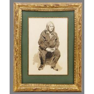 Seated Figure, Wash Signed P. Goerg - Beautiful Bérain Frame