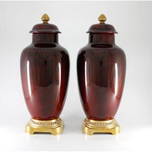 Pair Of Covered Vases With Flamed Oxblood Glaze — Paul Milet In Sèvres, Circa 1920
