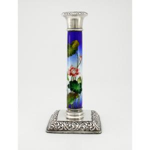 Silver Mounted Tsuiki-jippo [enamel On Beaten Silver] Candlestick, Meiji Period (late 19th)