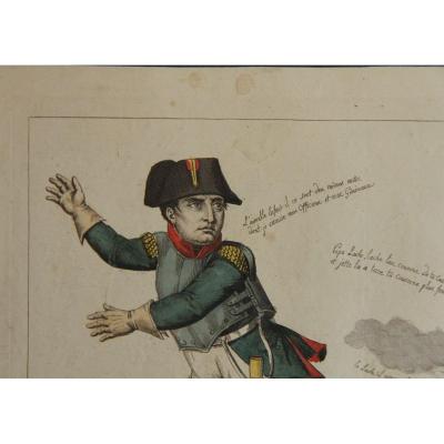 Napoleon At Waterloo. Rare Watercolor Satiric Engraving, August 1815