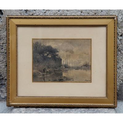 Adolphe Appian (1818-1898) - Fisherman By A River, Charcoal