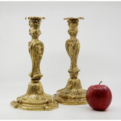 Pair Of Louis XV Style Gilt Bronze Candlesticks In The Style Of Slodtz, Mid-19th Century