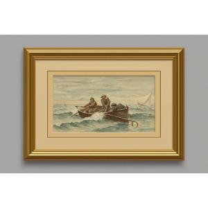 Watercolor 19th Century Depicting Fishermen In Rough Seas