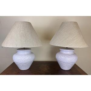 Large Pair Of Vintage Enameled Terracotta Lamps 