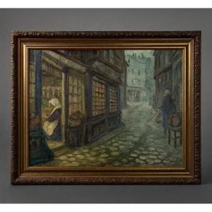 French School Early 20th Century: Oil On Panel Lively Street In Brittany