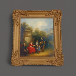 Oil On Panel Depicting A Lively Bourgeois Scene