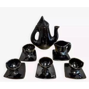 Vallauris Circa 1950: Free-form Coffee Service In Black Glazed Ceramic