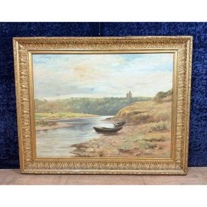 A.monier 1906: Oil On Canvas "lake Landscape" / H112 X 140 Cm
