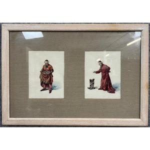 Two Watercolors Depicting A Clergyman And His Dog