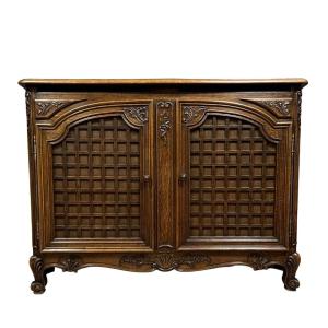 Louis XV Style Curved Wood Paneling Sideboard With Secret Double Bottom In Oak 
