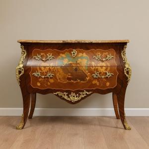 Louis XV Style Curved Chest Of Drawers Stamped In Marquetry