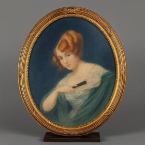 Very Large Pastel Painting In Medallion, Art Nouveau Period, Circa 1900 /h 103cm