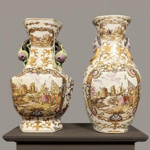 Two Chinese Porcelain Vases With Polychrome And Gold Decoration Of Port Scenes