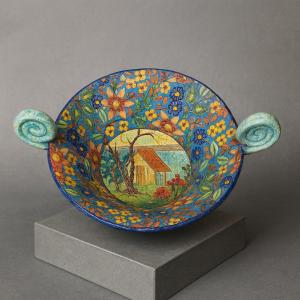 Longwy: Important Bowl Or Empty Pocket In Polychrome Cloisonné Enamels