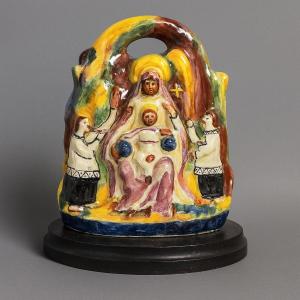 Rare Spanish Majolica Sculpture Representing The Black Virgin And Child