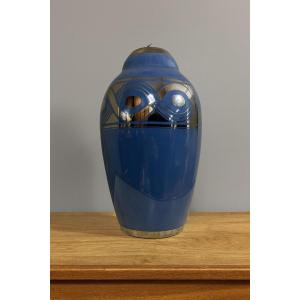 Large Art Deco Porcelain Vase With Silver Geometric Shapes