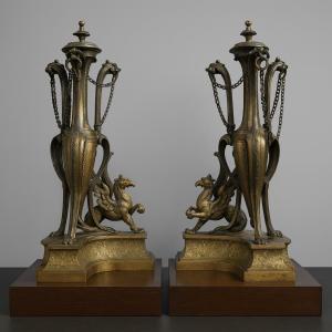 Pair Of Very Large Castle Andirons In Gilded Bronze From The Napoleon III Period