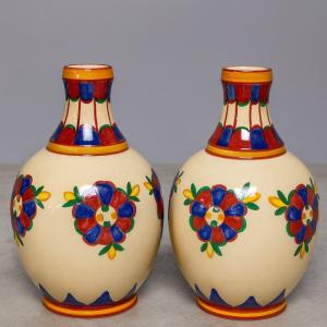 Desvres By Henri Delcourt: Pair Of Signed Art Deco Vases 