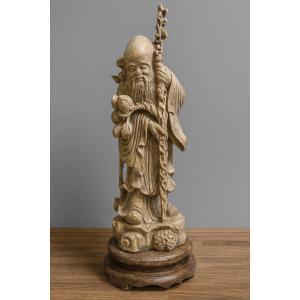 China Shou Lao: Large Sculpture In Light Wood