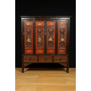 China 19th Century: Red Lacquer And Gilt Cabinet Dating From The Qing Dynasty