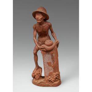 Asia Circa 1900 / Large Wooden Sculpture Depicting A Fisherman