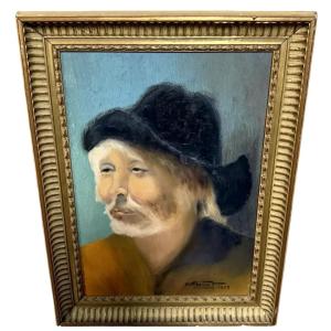 Maurice Terrot: Oil On Canvas Portrait Of A Chinese Man In A Black Hat