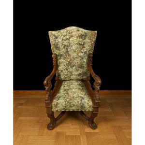 After Andréa Brustolon: Renaissance Armchair With High Back In Carved Walnut