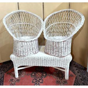 Vintage 3-piece Living Room In White Lacquered Rattan
