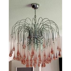 Paolo Venini: Cascading Chandelier With Pink Murano Glass Drops 
