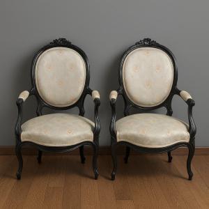 Pair Of Napoleon III Period Armchairs In Blackened Wood Circa 1850