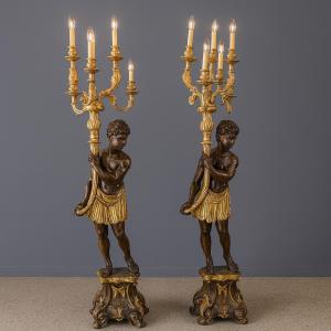 Venetian Work In The Louis XV Style: Pair Of Important Nubian Torchiere Doors