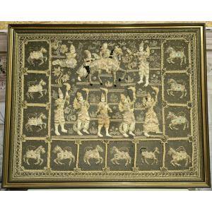 Large Gold Thread Embroidery From The End Of The 19th Century Depicting People And Animals 