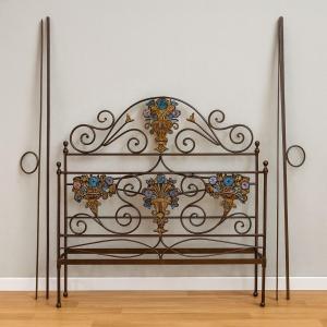 Large Venetian Bed In Iron And Cast Iron From The Art Nouveau Period With Polychrome Decorations