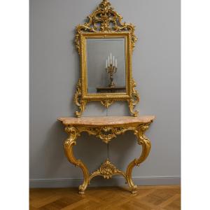 Important Louis XV Style Curved Chateau Console Table In Gilded And Silvered Wood