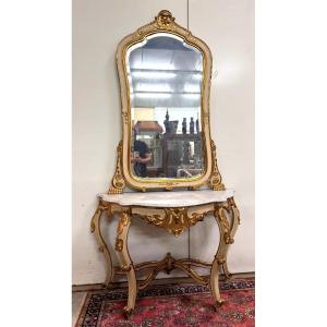 Large Curved Console + Louis XV Style Mirror In Gilded And Lacquered Wood