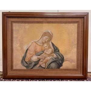 Very Large Oil On Canvas Italian School From The End Of The 19th Century: Virgin And Child