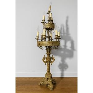 Large Neo-gothic Style Church Chandelier In Bronze And Gilded Brass