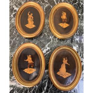 Four Oval Medallions In Sorrinte Marquetry, Italy, 19th Century