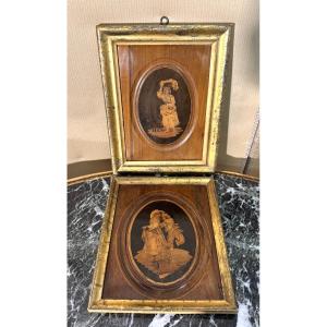 Pair Of Oval Medallions In Sorrinte Marquetry, Italy, 19th Century