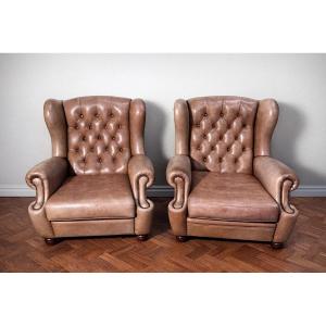 Pair Of Chesterfield Leather Wingback Armchairs