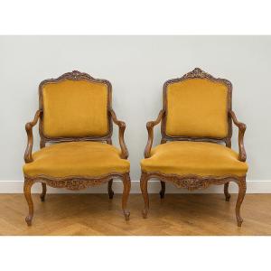 Pair Of Faux Louis XV Armchairs In Walnut, Fully Carved