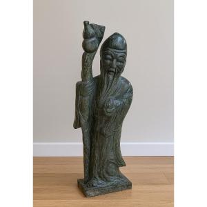 Monumental Chinese Nephrite Jade Sculpture: Shou Lao With The Staff Of Wisdom / 110 Cm