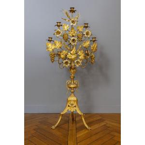 Large 7-light Altar Candelabra In Gilded Bronze