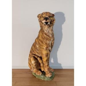 Very Large Glazed Ceramic Tiger From The Art Deco Period / Height 90 Cm
