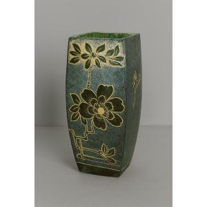 After Legras Montjoye Gallé: Rare Gold Enamelled Vase On A Green Background
