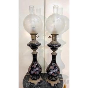 Large Pair Of Black Porcelain Oil Lamps With Peacock Decoration