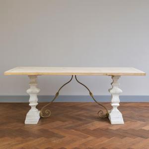 Industrial Design Table With Airbrushed Top And Whitewashed Base