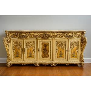 Louis XV Venetian Curved Sideboard In Lacquered, Painted And Gilded Wood 