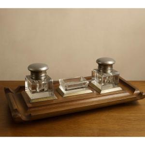 English Inkwell In Mahogany With Gilt Brass Trim